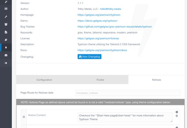 The Notices tab of the Typhoon theme configuration
