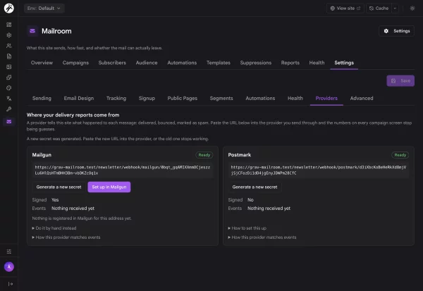 Provider webhooks for Mailgun and Postmark, ready to paste