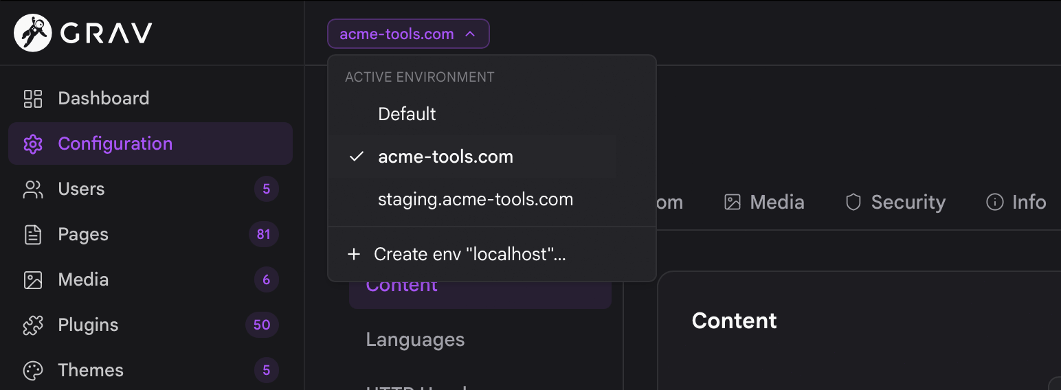 The environment selector in the Admin2 topbar