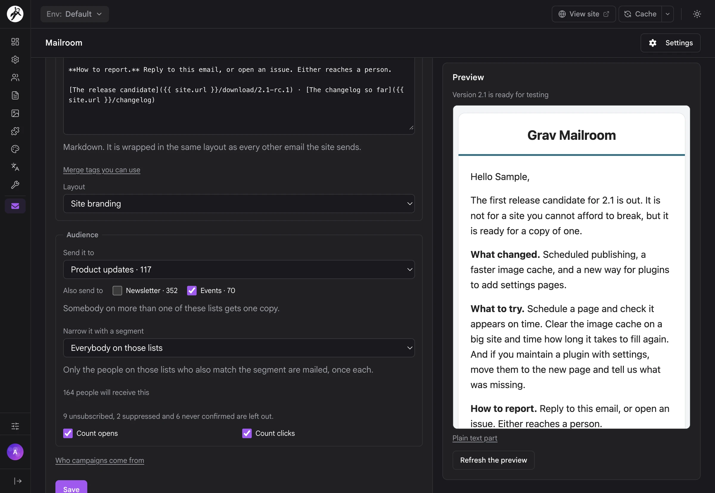 The campaign editor with Markdown on the left and the live preview on the right