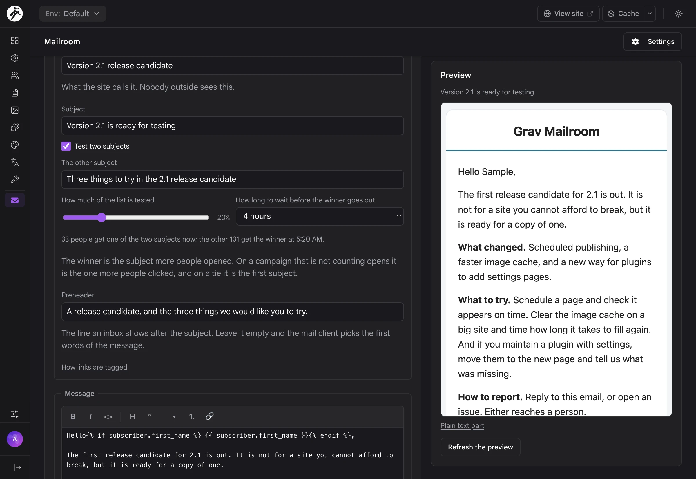 The subject test settings in the campaign editor