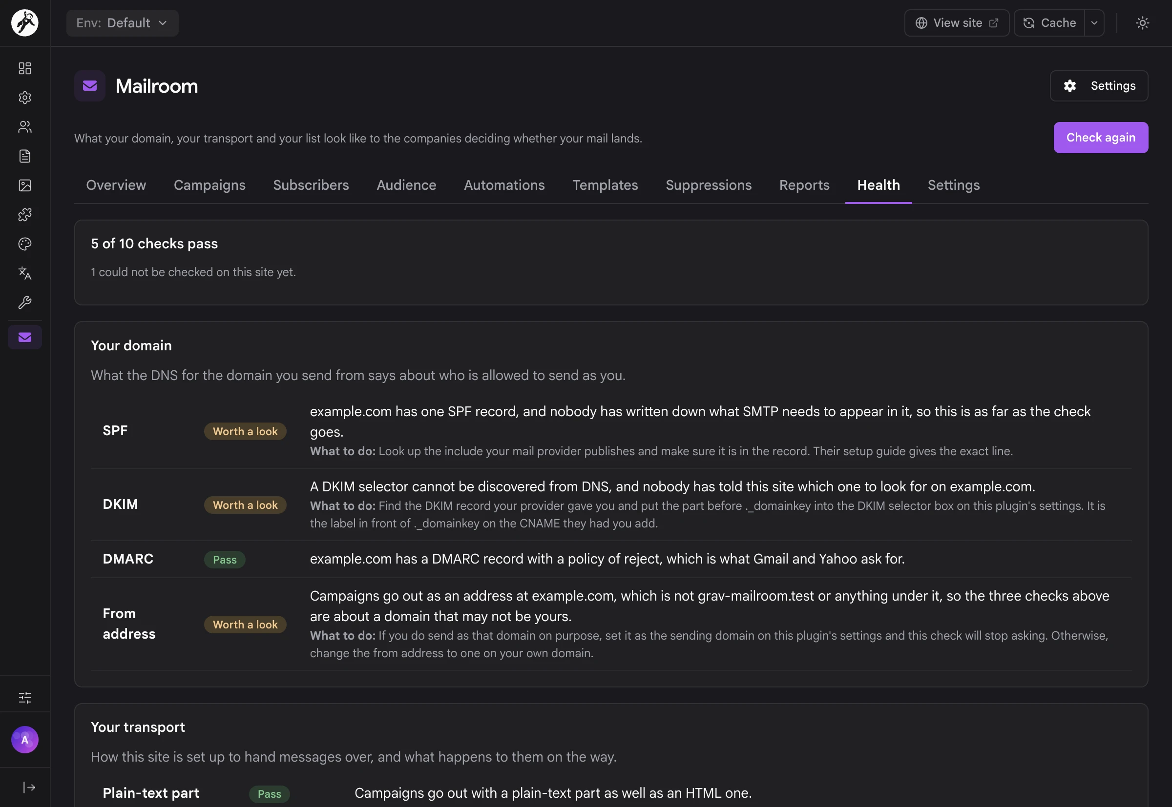 The Health tab checking SPF, DKIM, DMARC and the From address