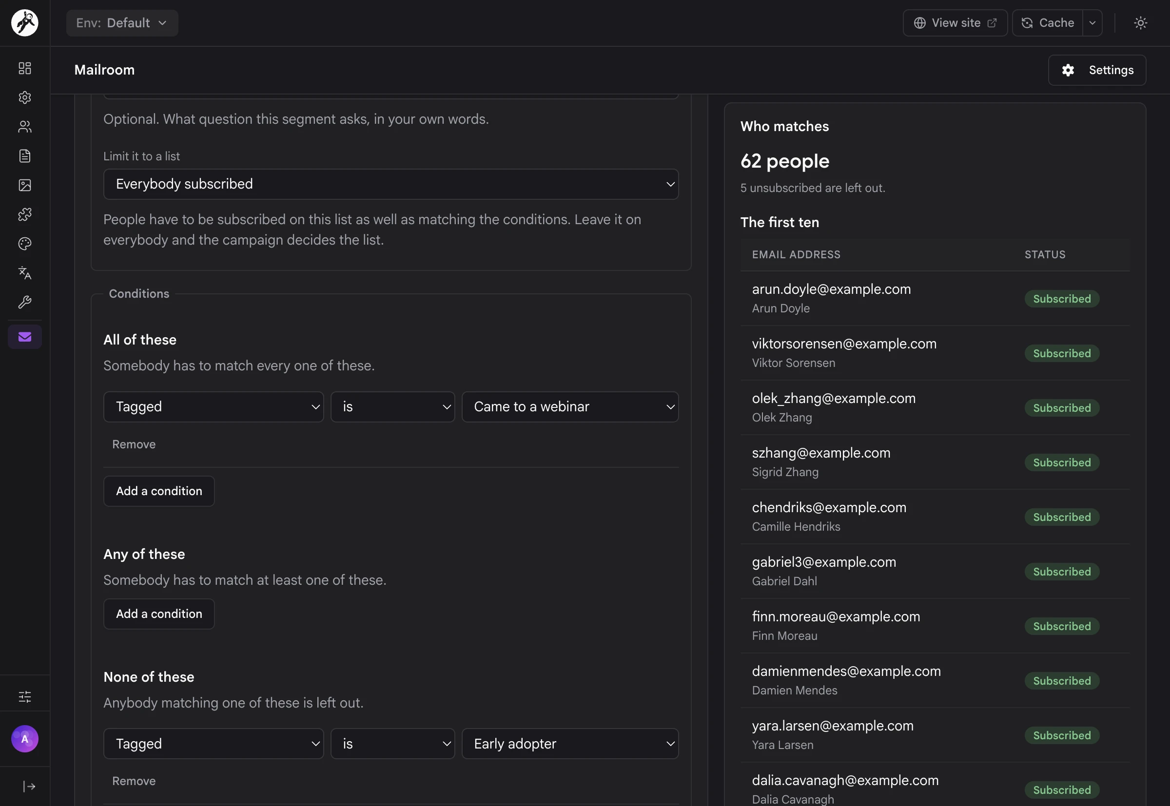 The segment editor with All, Any and None groups and the people who match
