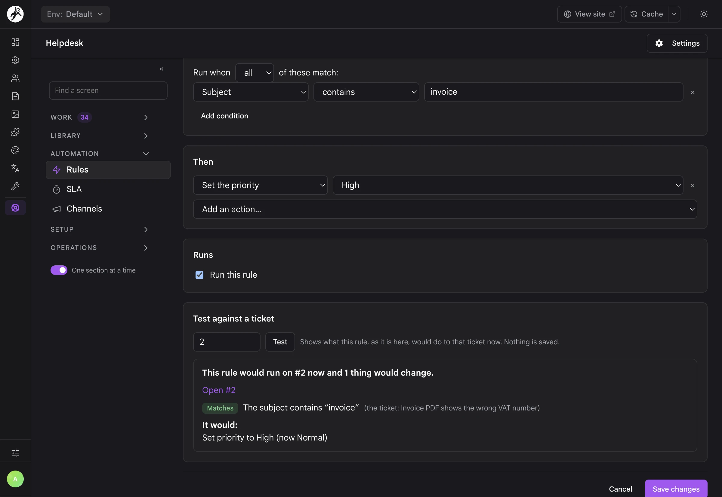 A rule editor with when, if and then sections