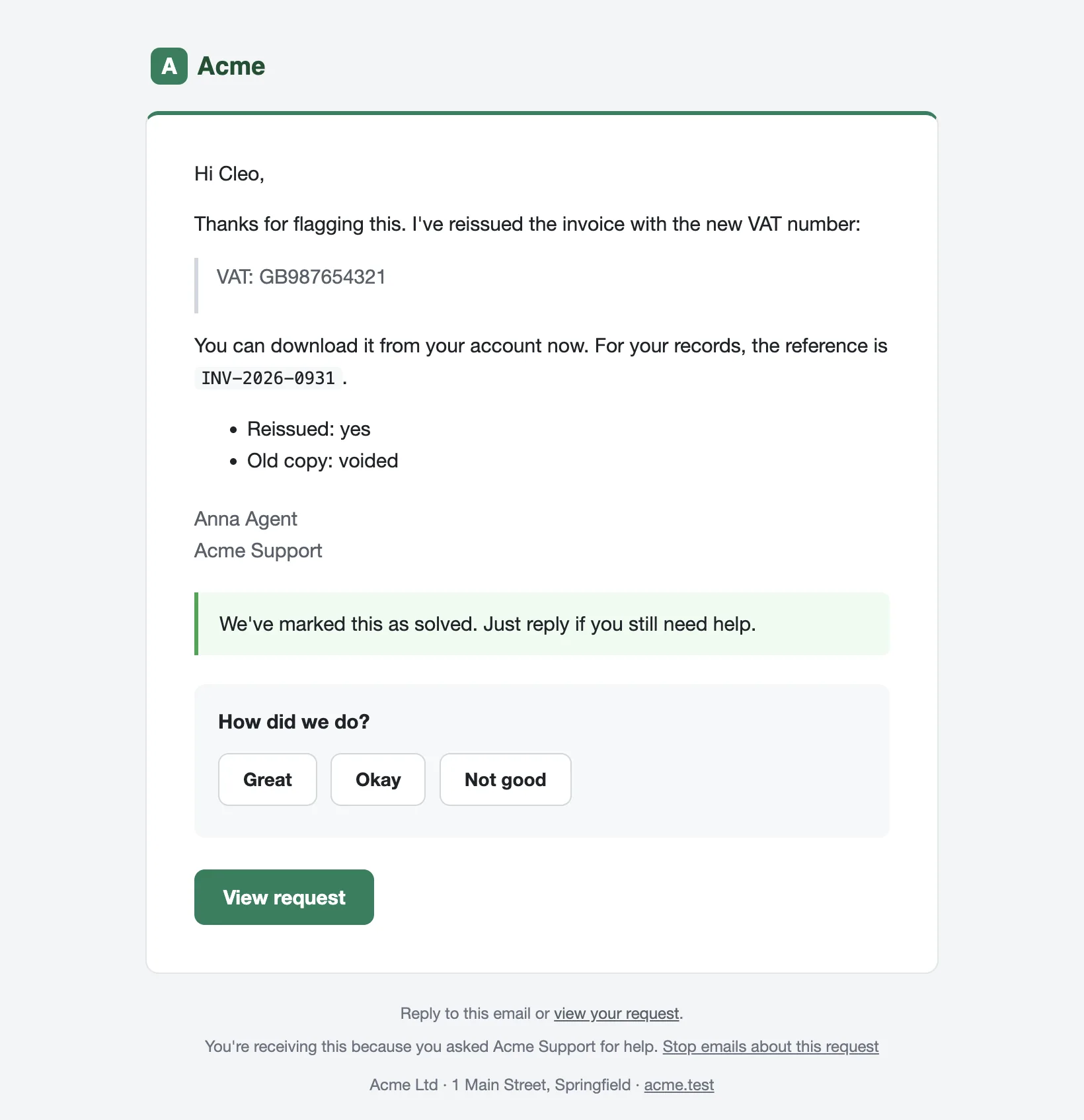 A branded solved email with the How did we do? rating buttons