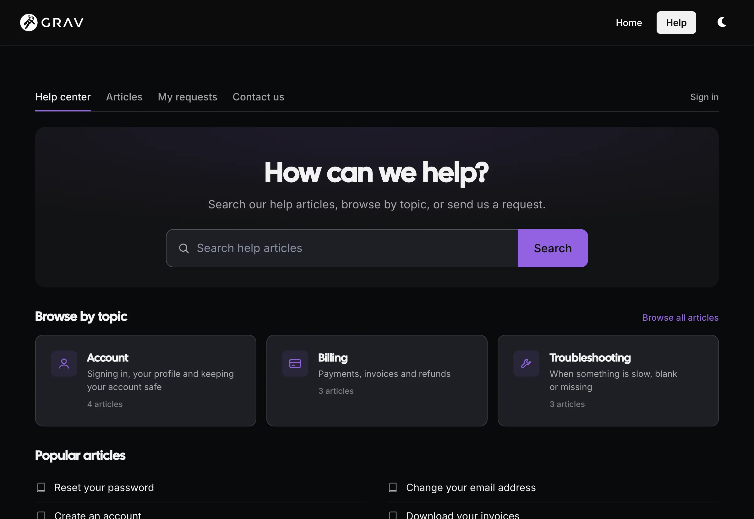 The help center home page, with search, topic cards and popular articles