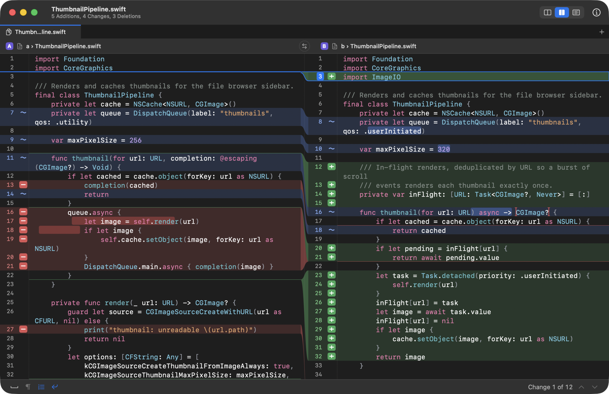 A two-way file diff in Riffle, side by side, with word-level highlighting on the changed lines.