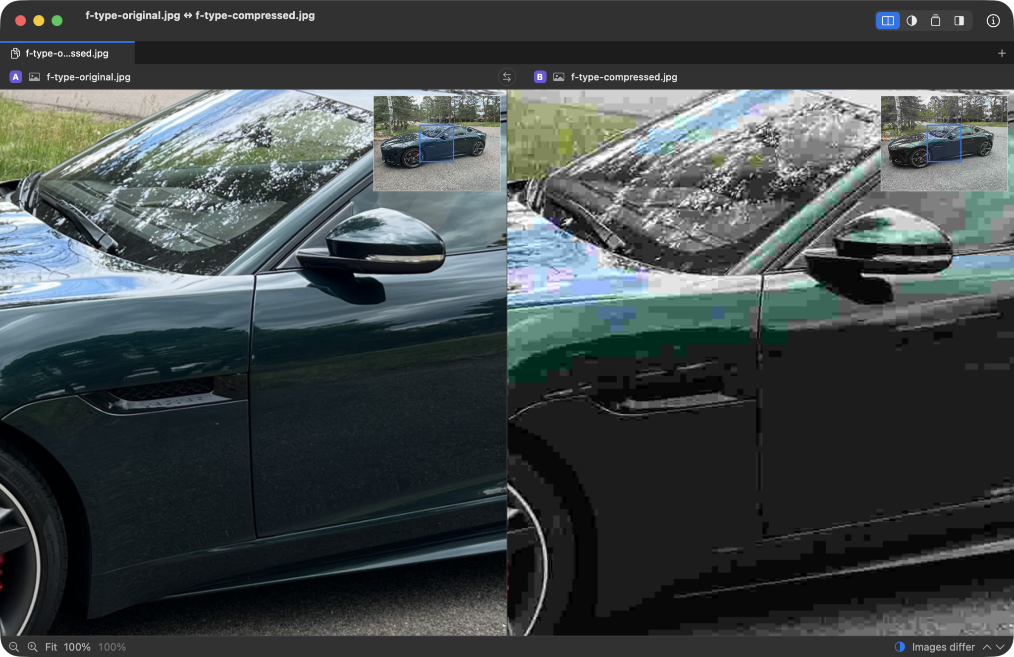 Riffle's image diff with a split slider comparing two versions of an image, with an "Images differ" verdict.