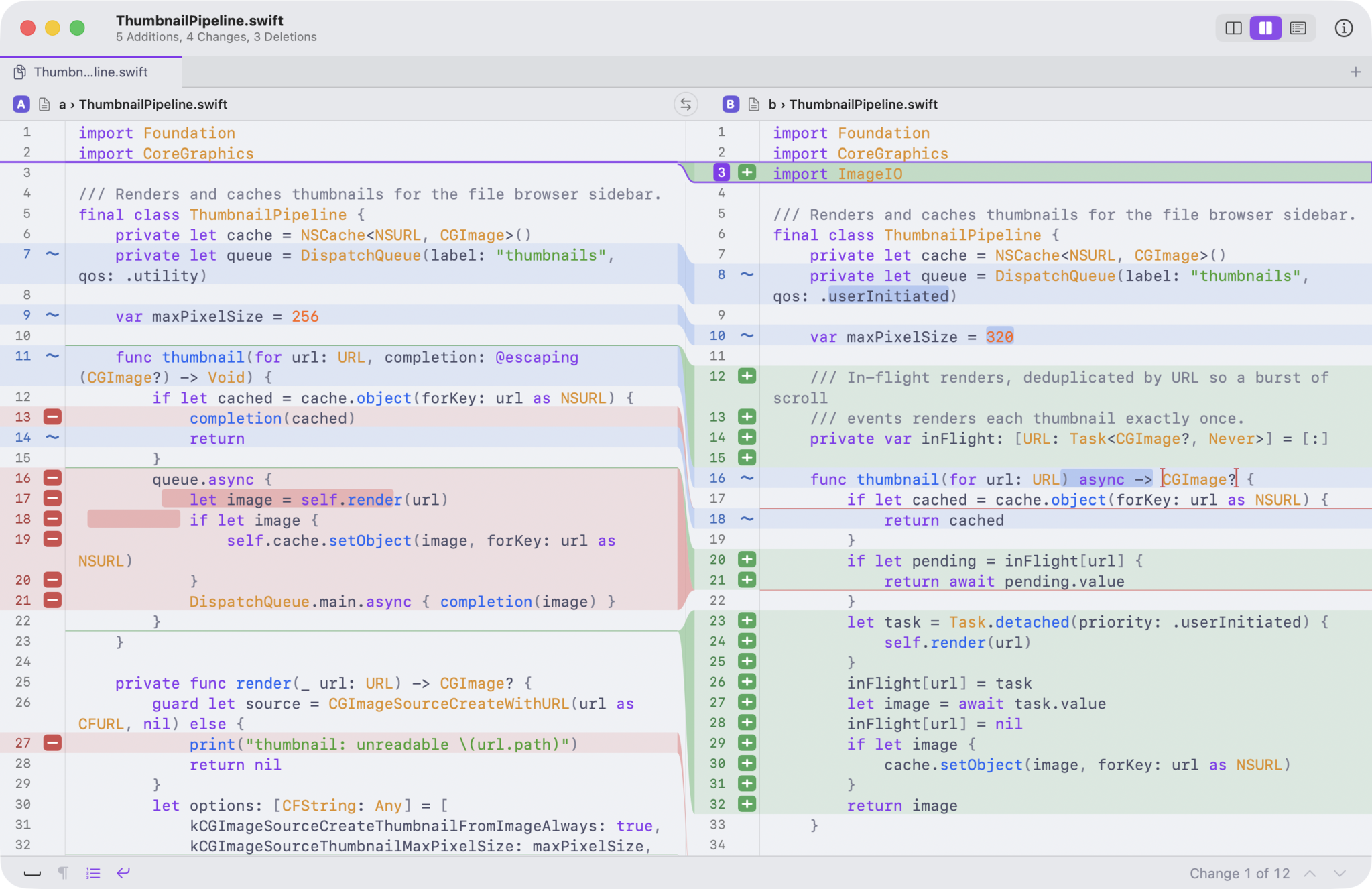 The same Riffle diff in a light theme, with the whole window, gutters, tabs, and chrome all matching, not just the code panes.