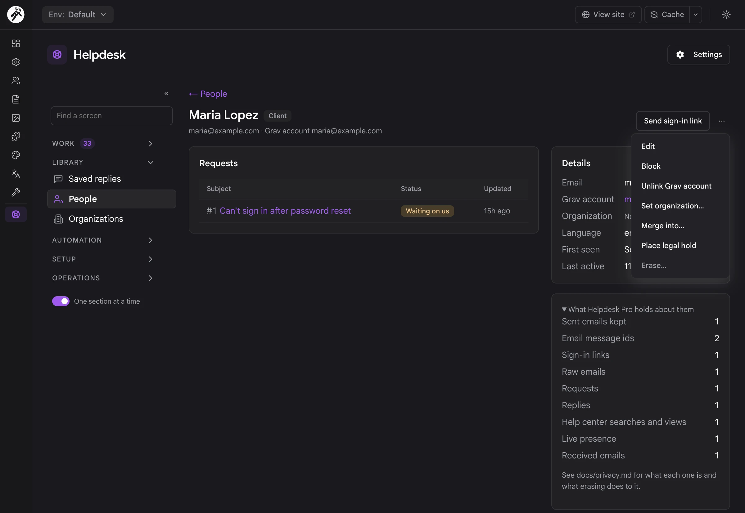 A person's page with its actions menu open and what Helpdesk Pro holds about them