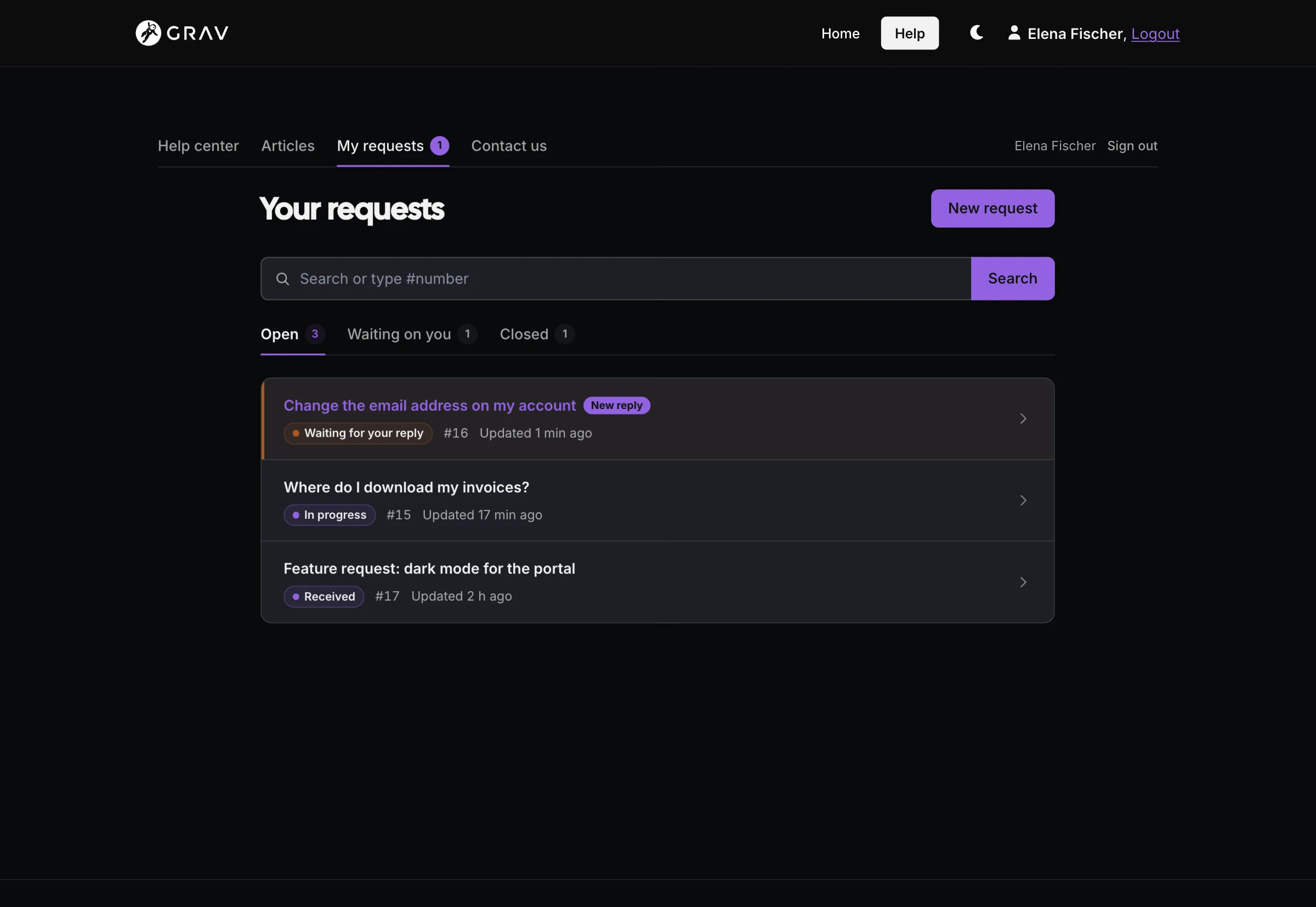 A signed-in client's Your requests page, with Open, Waiting on you and Closed tabs