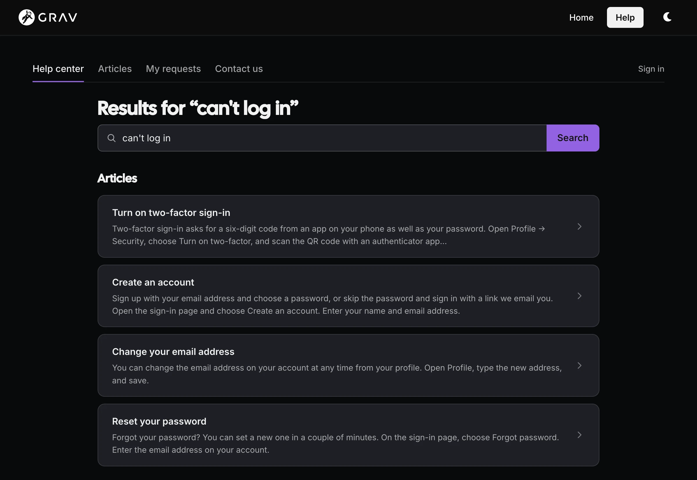 Help center search results for can't log in, finding articles about signing in