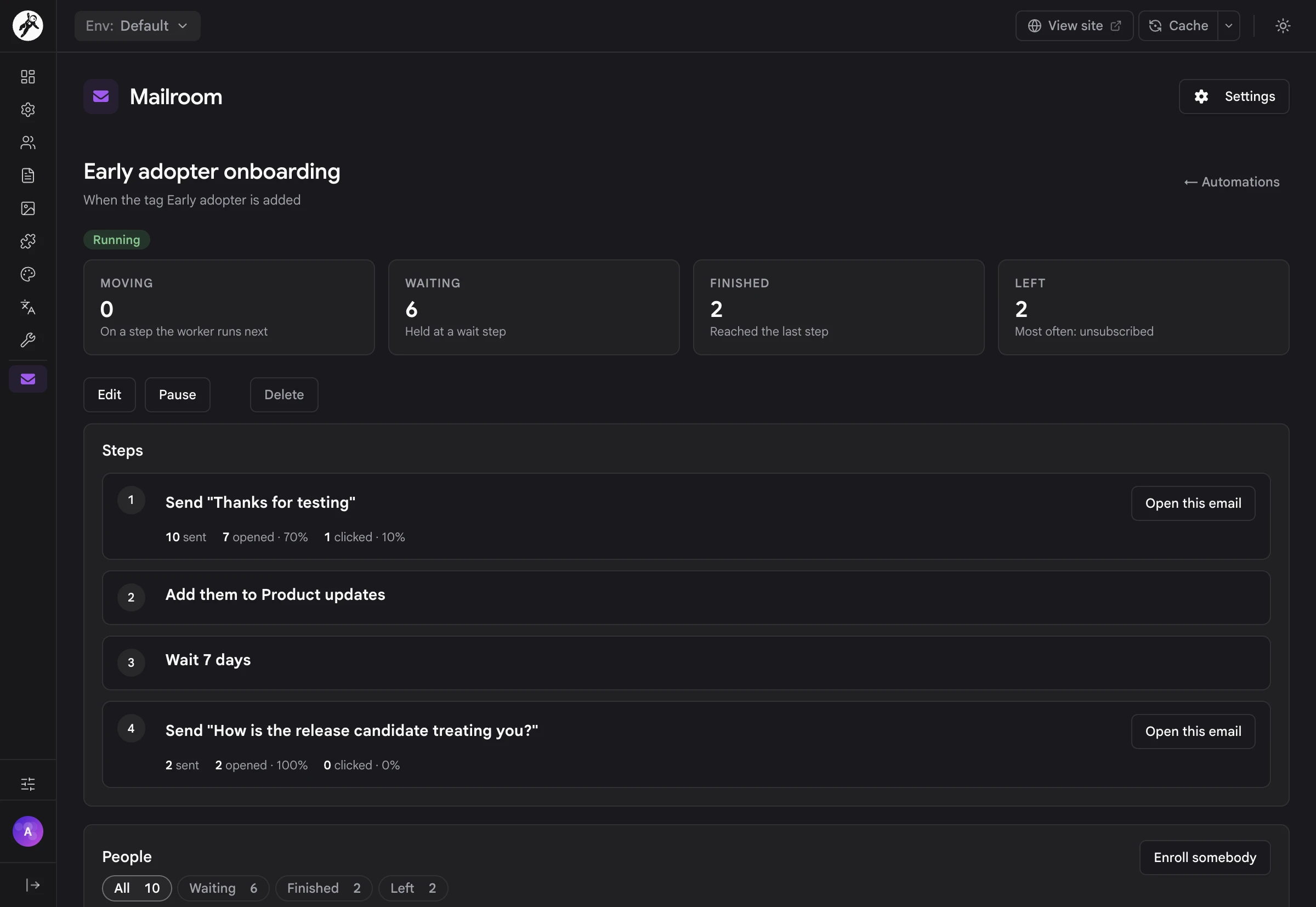 An automation's steps with sent, opened and clicked numbers for each email