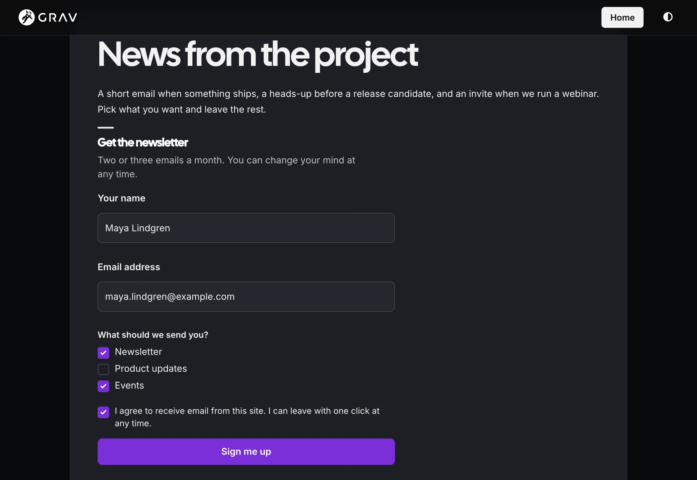 A signup form on the site offering Newsletter, Product updates and Events as checkboxes